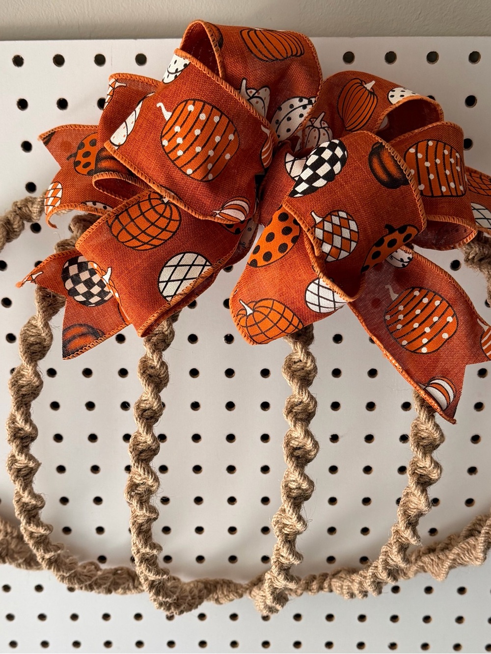 Orange Pumpkin Print Decorative Bow Wreath Accent - Handmade